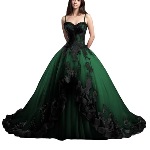 Mauuwy Black Lace Quinceanera Dresses Green Tulle Ball Gown Puffy Spaghetti Straps Gothic Prom Dresses 2024 Sweet 16 Birthday Dresses for Women Gothic Bridal Gowns Size 16 Plus