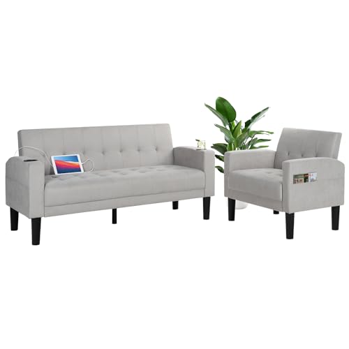 AILEEKISS 2 Piece Living Room Sofa Set Loveseat Sofas Sets with 2 USB, Cup Holders, Side Pocket, Modern Fabric 2 Pcs Sectional Couches Set for Apartment, Office, Bedroom (2-Seat+1-Seat, Light Grey)