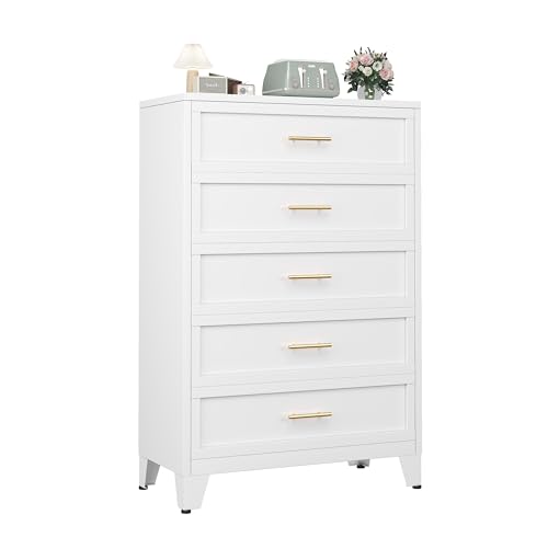 Metal Dresser Tall White Dresser for Bedroom Chest,53.54" H White Drawer Chest, Closet Dressers & Chests of Drawers for Living Room, Hallway (5 Drawers)