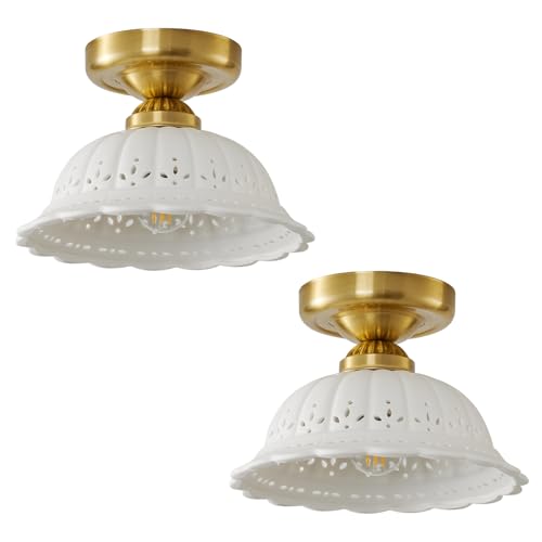 Vintage Ceramic Semi Flush Mount Ceiling Light - 2 Pack, Gold Hallway Light Fixture, Mid Century Small Close to Ceiling Lamp，Unique Flush Lighting Fixtures for Entryway Laundry Room Kitchen Cottage