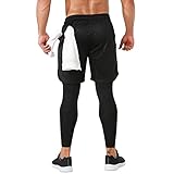 Odoland 2 Pack Mens Athletic Compression Running Pants, 2 in 1 Quick Dry Athletic Workout Sweatpants Shorts Gym Leggings with Pocket, Black/Grey, M