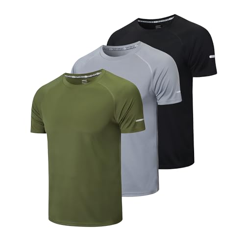 frueo Men’s 3 Pack Sport T-Shirt, Cool Dry Breathable Short Sleeve Mesh Fitness Shirt, Workout Gym Running Top,Black Gray Green,2XL