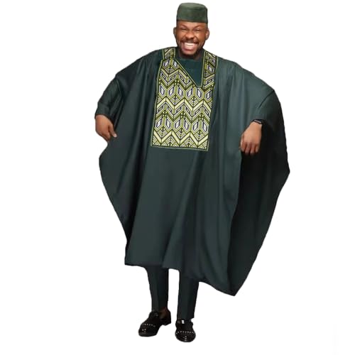 HD African Traditional Wear for Men Embroidery Green Agbada 3 Pieces Wedding Suit L