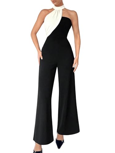 Floerns Women's Colorblock Sleeveless Asymmetrical Halter Neck Elegant Jumpsuit Black and White Medium