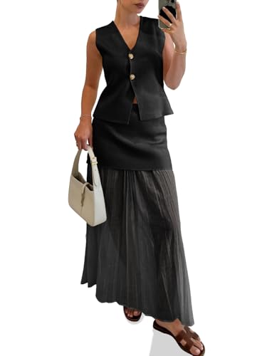 Cicy Bell Womens Summer 2 Piece Outfits V Neck Sleeveless Blazer Waistcoat and Mesh Maxi Skirt Suit Sets Black