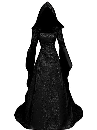 BITSEACOCO Deluxe Witch Dress Costume for Women, Vintage Embroidered Renaissance Victorian Gothic Hooded Vampire Gown Dress Cosplay (Black, XL)