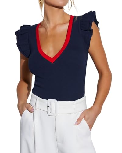 BONITEE Womens Summer Ribbed Ruffle Sleeve Shirts Sexy Deep V Neck Slim Fit Tops Casual Knit Tee Blouse 2025 Preppy Clothes Navy Blue,L