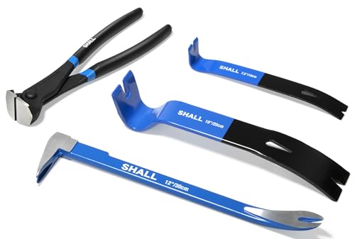 SHALL 4-Piece Pry Bar Set, 12-Inch Cats Paw Nail Puller, 10-Inch & 7.5-Inch Flat Claw Pry Bars, 8-Inch End Cutting Pliers, Utility Wonder Crowbar, Nail Remover Tool for Baseboard, Floor, Nails Removal
