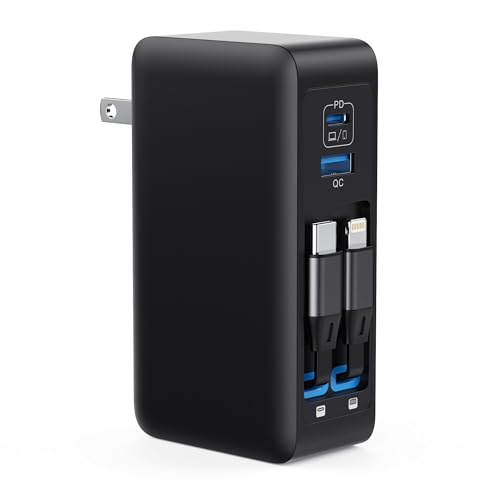 120W USB C Charger Block with 2 Built-in Retractable Cables,4-in-1 GaN IV Foldable Plug Wall Charger Fast Charging Station,PD 65W Laptop Adapter for MacBook/iPad,iPhone 16/15/14,Android (Black)