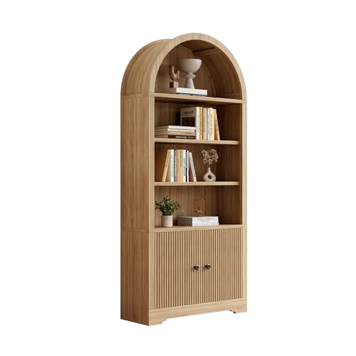 zxvoim 70" Tall Arched Bookshelf, 2 Doors 6 Tiers Arch Bookcase with Storage, Modern Farmhouse Book Shelf with Adjustable Shelves, Wood Bookshelf for Office Living Room, Natural