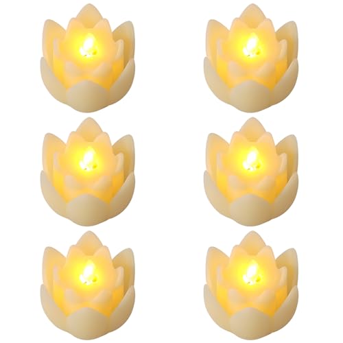 6 PCS Diwali LED Lotus Table Candles - 3’’ Lotus Lamps Electronic Buddhist Lights Battery Operated Buddha Flickering Warm White Lights for Home Decorative Temple Desktop Centerpiece