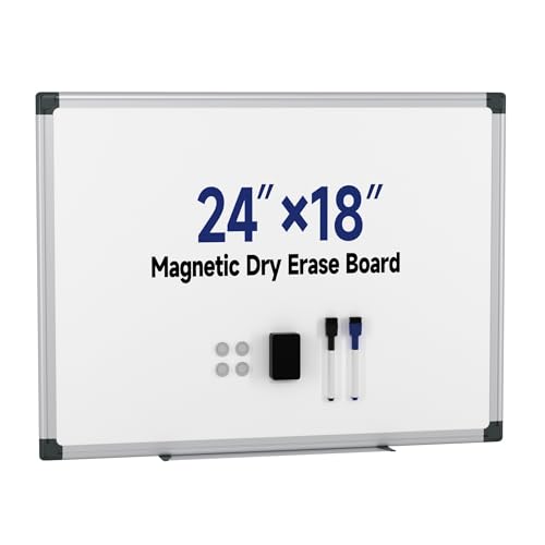 Magnetic White Board Hanging 24" x 18" for Wall, Dry Erase Board with Eraser, Markers, Magnets, Pen Tray, Silver Aluminum Frame for Home, Office, Students