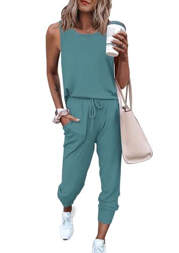 PRETTYGARDEN Women's Two Piece Outfit Sets Casual Summer Sleeveless Crewneck Tops and Sweatpants Active Tracksuit Lounge Wear (Grey Green,Small)