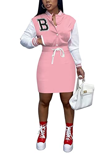 Ecirod Womens Long Sleeve Mini Dress Button Down Baseball Varsity Jacket Bodycon Short Dresses