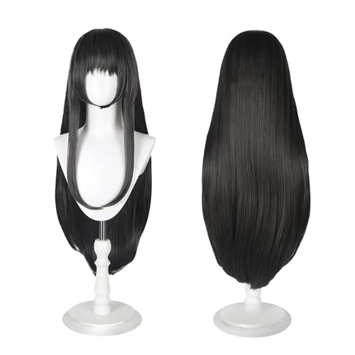 YONGCANWIG Cute Halloween Long Black Anime Cosplay Wig, 2 Hair Caps + Wig, Long Black Straight Synthetic Hair with Bangs for Christmas Parties and Cosplay Events for Women and Teen Girls