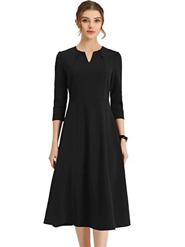Allegra K Women's 3/4 Sleeve Dresses V Neck Elegant A-Line Work Business Formal Midi Dress with Pockets X-Small Black