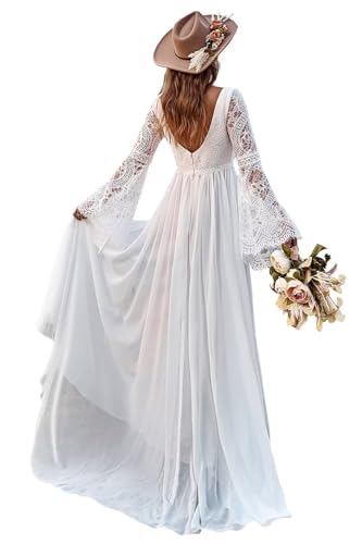 SUFUTOP Simple V Neck Chiffon Beach Wedding Dress for Bride Long Sleeve White Lace High Slit Boho Bridal Dresses for Wedding 06