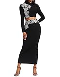 BELLA BARNETT Glamorous 3D Diamond Floral Decor Black Two Piece Skirt Set for Women Alluring Long Sleeve Maxi Womens Two Piece Set