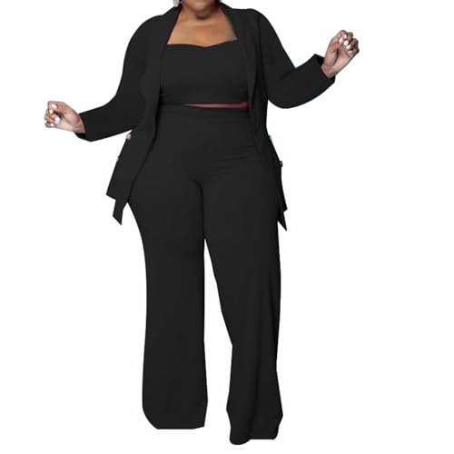 Plus Size 3 Piece Sweater Pants Sets for Women - Crop Top Blazer Jacket and Wide Leg Long Pant Jumpsuit Romper Suits Set Black 4X