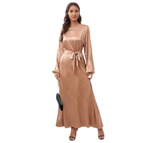 Fulbant Women Satin Maxi Dress Belted Kaftan Muslim Abaya Turkey Dubai Caftan Marocain Jalabiya Islamic 02 Khaki M