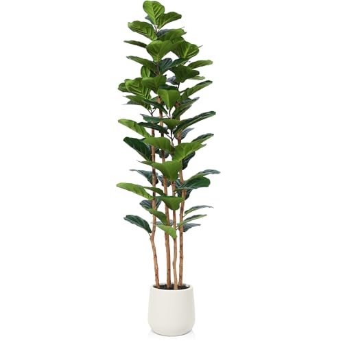 OAKRED Artificial Fiddle Leaf Fig Tree with White Planter, 6ft Tall Fake Tree with Natural Wood Trunk for Home Decor, Faux Ficus Tree Fake Moss for Indoor Office Living Room