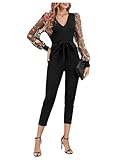 WDIRARA Women's Floral Embroidery Jumpsuit Mesh V Neck Bishop Sleeve High Waist Crop Belted Romper Pants Black L