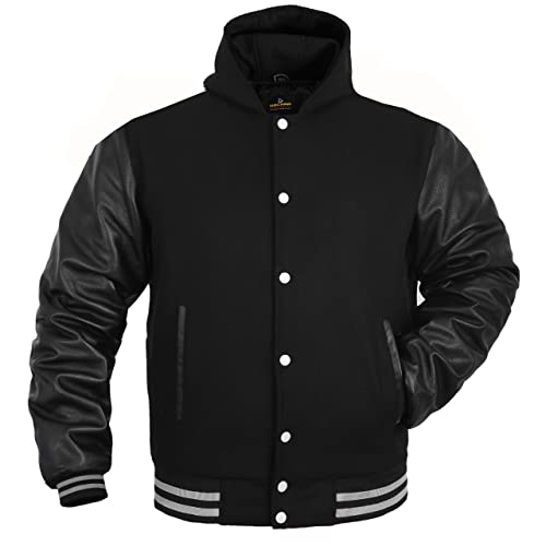 Men's Varsity Jacket Genuine Leather Sleeve and Wool Blend Letterman Boys College Varsity Jackets (All Black(Hoodie), X-Large)