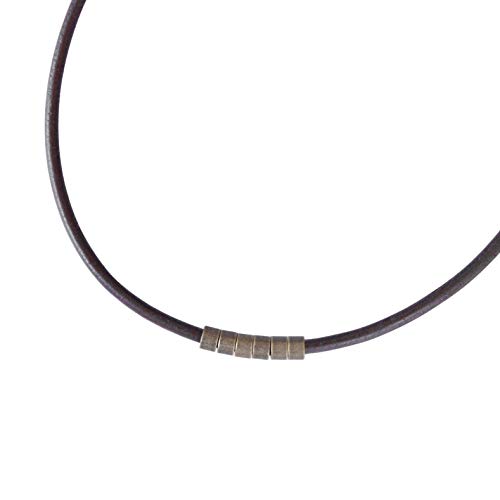 Men's Necklace, Brown Leather Adjustable Layered Choker, Handmade Brass Tubes Beaded Boho Jewelry for Guys by Magoo (20״)