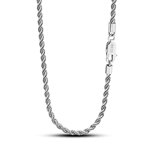 Dankadi Men 925 Sterling Silver 3mm Twist Rope Chain Necklace Women Diamond Cut Clasp Rope Box Chain 16 "17" 18 "19" 20 "22" 24 "26" 28 "30" Chocker Jewelry Gifts (16 inch, Silver)