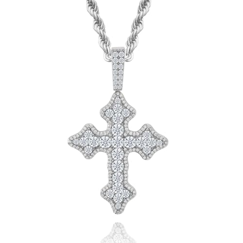 Lulu Mel Cross Necklace Iced Out 14K Gold Plated Cubic Zirconia Ankh Cross Pendant With Rope Chain, Trendy Hip Hop Gothic Diamond Jesus Cross Necklace For Men Women (Gothic Cross Silver Large)