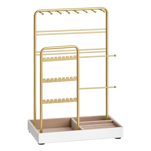 SONGMICS Jewelry Holder, Jewelry Organizer, Jewelry Display Stand with Metal Frame, Velvet Tray, Necklace Earring Bracelet Holder, for Studs, Rings, Gift Idea, Pale Gold UJJS021A01