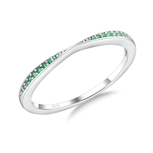 AGRULE Bezel Set Emerald Wedding Band Stackable Sterling Silver 1.4mm Wide May Birthstone Anniversary Ring Green Stone Bow Ring for Women, Size 7