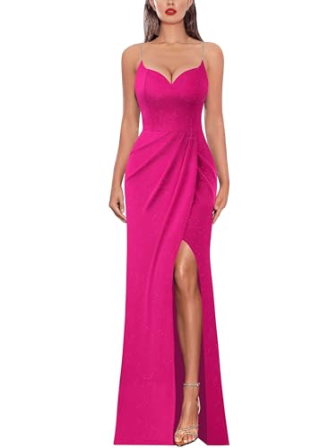 VFSHOW Womens 2024 Formal Prom Maxi Dresses Ruched High Slit Beaded Spaghetti Strap Sweetheart Neck Glitter Bodycon Evening Gown Dress (Hot Pink, X-Large) 11523 HPIK XL