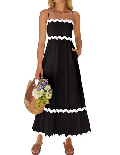 ZESICA Women's 2025 Summer Spaghetti Straps Sleeveless Backless Sundress Flowy Smocked Lace Swing A Line Midi Dress,Black,Large
