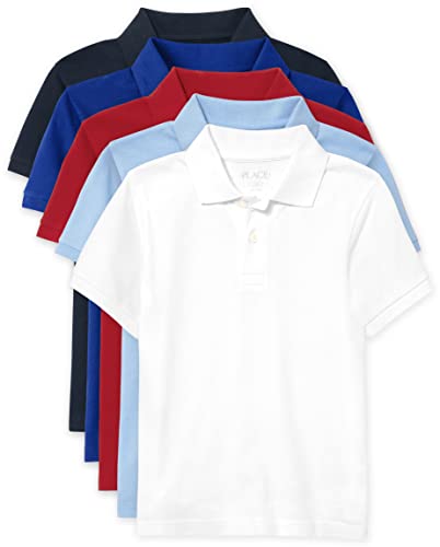 The Children's Place Boys' Multipack Short Sleeve Pique Polos, Nautico/Blue/Classic Red/Brook/White 5-Pack, Medium