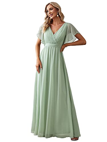 Ever-Pretty Women's Bridesmaid Dress V-Neck Ruffle Sleeves Ruched Bust Floor Length Chiffon Formal Dresses Mint Green US18