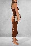 PRETTYGARDEN Women's Summer Bodycon Maxi Tube Dress Ribbed Strapless Side Slit Long Going Out Casual Elegant Party Dresses (Brown,X-Large)