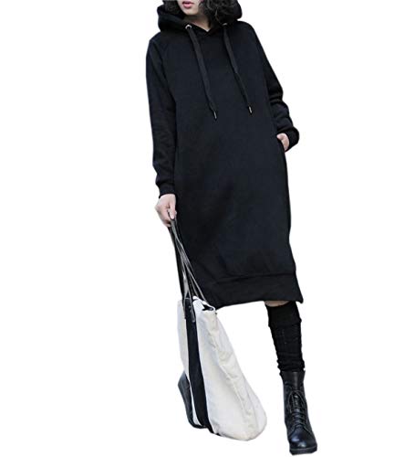 NUTEXROL Women's Thickening Long Fleece Sweatshirt String Hoodie Dress Pullover Plus Size Black