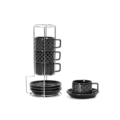 Sureasy Ceramic Espresso Cups Set of 4 – 4 oz Black Stackable Cappuccino Cups with Saucers and Metal Stand, Embossed Mugs for Latte, Mocha, Tea, and Specialty Coffee