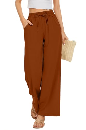 KICZOY Women's Summer Palazzo Pants, Deep Orange, XX-Large, Loose Fit, Wide Leg, Drawstring Waist, High Rise, Ankle Length, Elastic Waist, 2 Front Pockets, Rayon Nylon Blend, Machine Wash