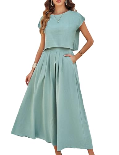 Mingzhu Womens 2 Piece Outfits Skirt Set Summer Casual Cap Sleeve Crop Tops Maxi Dress Sets with Pockets(0919-Green-XL)