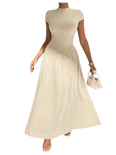 SOLY HUX Women's Summer Maxi Dress Modest Mock Neck Cap Sleeve A Line Flowy Elegant Long Dresses Plain Khaki Large
