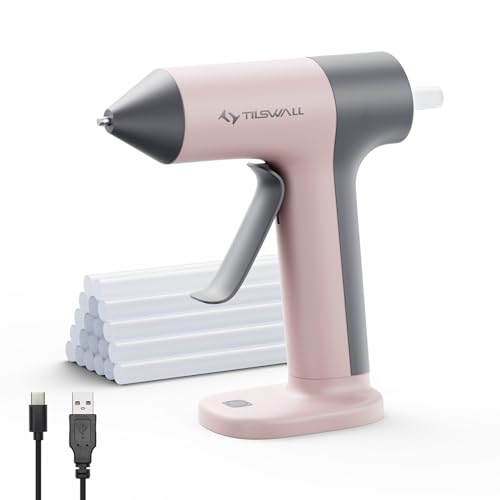 Tilswall Cordless Hot Glue Gun, 30s Fast Preheating with 2Ah Built-in Battery, Hot Melt Glue Gun with 20pcs Premius Glue Sticks, Smart Power-Off, USB-C Inputs Suitable for DIY Craft, Home Repaire Pink