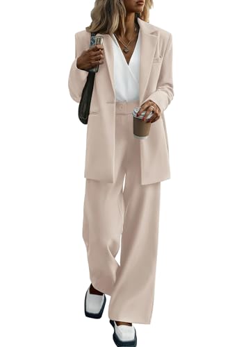 PRETTYGARDEN Women's Fall Two Piece Outfits Dressy Blazer Jacket and Wide Leg Pants Pockets Business Casual Office Suit Sets (Beige,Large)