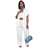 Dezraia 2 Piece Sets for Women Wide Leg Pants Sets Button Down Shirt White Linen Pant Suit Small