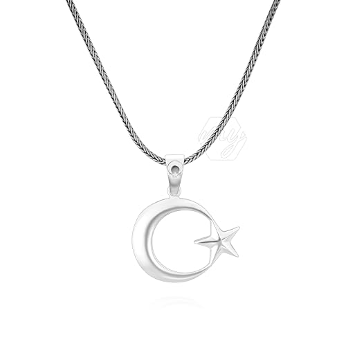 mysilverworld 925 Sterling Silver Crescent Moon Star Men's Necklace with Foxtail Chain (55cm)