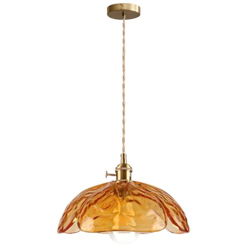 Auwieou Mid Century Modern Pendant Light Dome Pendant Lights with Flower Amber Glass Shade Brass Pendant Light Farmhouse Gold Adjustable Hanging Light for Kitchen Dining Room Bedroom