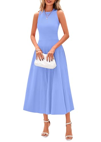 PRETTYGARDEN Spring Casual Dresses for Women 2025 Summer Business Work Midi Sleeveless A Line Pleated Cocktail Dress(Sky Blue,Small)