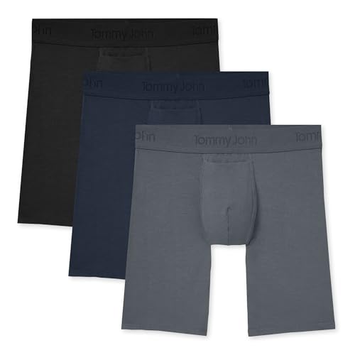 Tommy John Men’s Boxer Briefs 8” Underwear, Second Skin Boxers with Supportive Contour Pouch Silky Soft Tagless, Moisture Wicking Underwear Stretch Fabric, 3 pack, Black/Turbulence/Dress Blues, Large