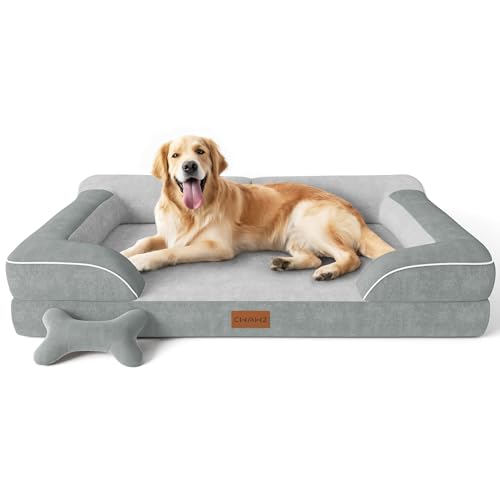 CWAWZ Extra Large Dog Bed - Orthopedic with Cooling Gel Memory Foam, Waterproof XL with Removable Washable Cover, 42" Dog Sofa Couch Dutch Velvet with Bone Toy, Light Gray